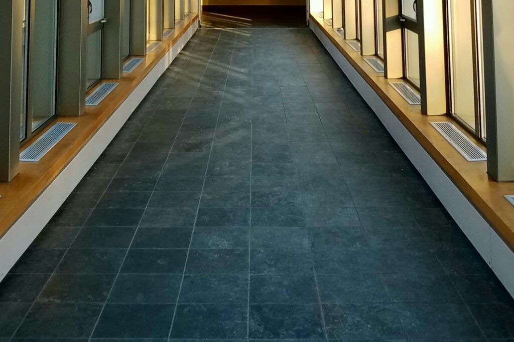 Slate tile in a long hallway