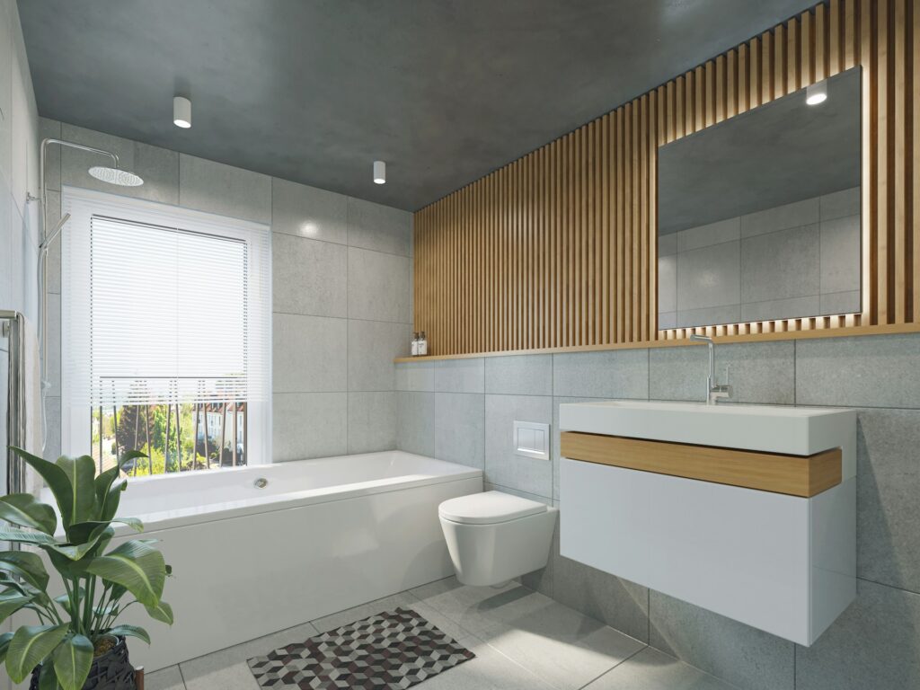 Gray, large format tile for a tub surround