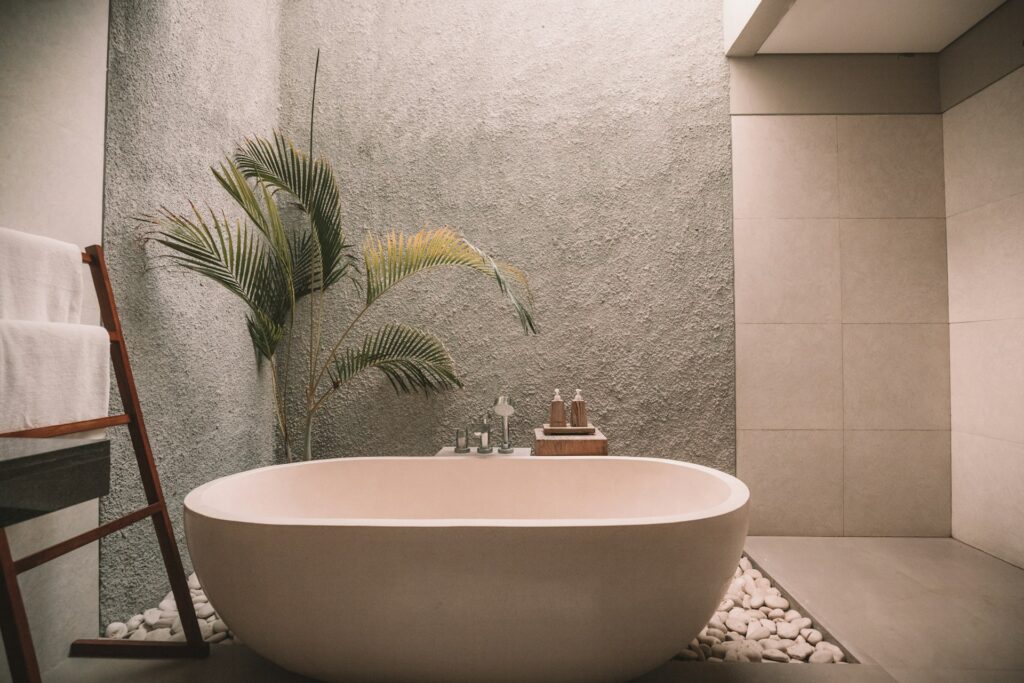 Textured wall behind soaking tub